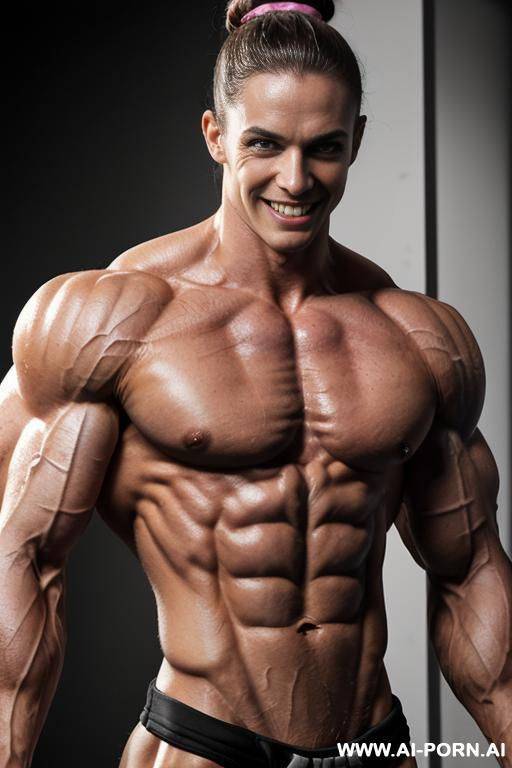 (gym background), view increasing muscle size and definition, (naked), (nude), (shortest most muscular white woman only), ((short)), ((very white pallid skin)), ((hard erotic pink rosy full nipples)), - #main