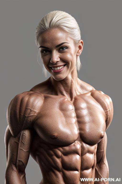 (gray background), view increasing muscle size and definition, (naked), (nude), (shortest most muscular white woman only), ((short)), ((very white pallid skin)), ((hard erotic pink rosy nipples)), - #main