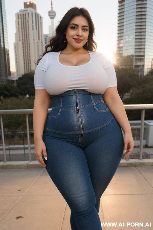 latina, pear shaped, super thicc, supermodel, very wide huge hips, tight hip hugging high rise jeans, chicana, sunset, 23, white tshirt - #main