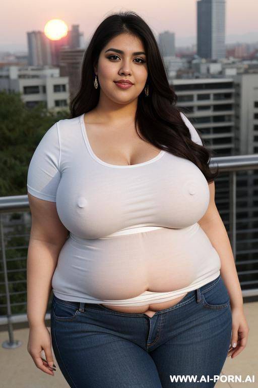 latina, pear shaped, super rotund, eyeliner, supermodel, very wide huge hips, tight hip hugging high rise jeans, chicana, sunset, 23, white tshirt, round belly - #main