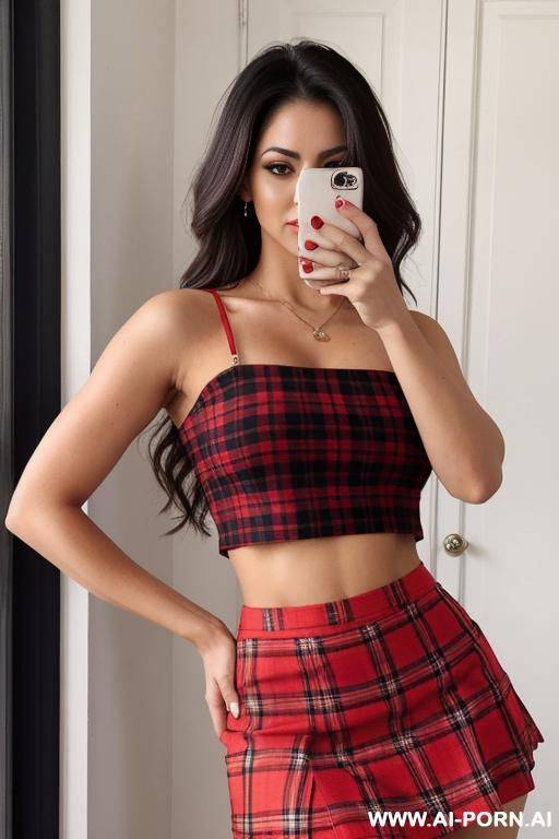 latina, red plaid crop top, short skirt - #main