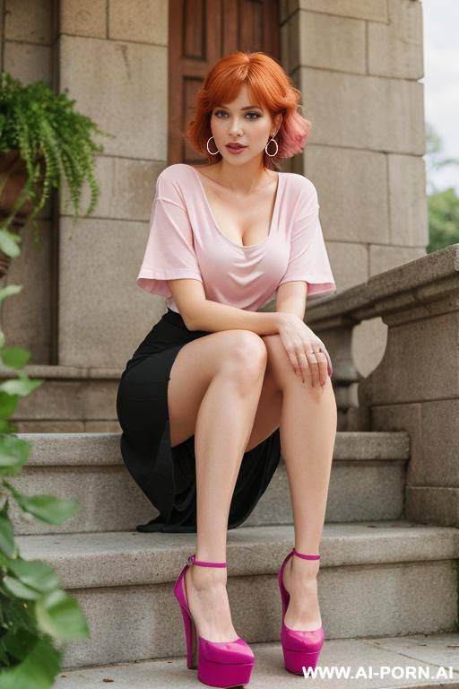 (((full body shot))), hoop earings, (stylish pixie haircut), (most beautiful women ever), (sexy milf), photorealistic image of an alluring sitting seductively on stone stairs, showing pussy, (legs - #main