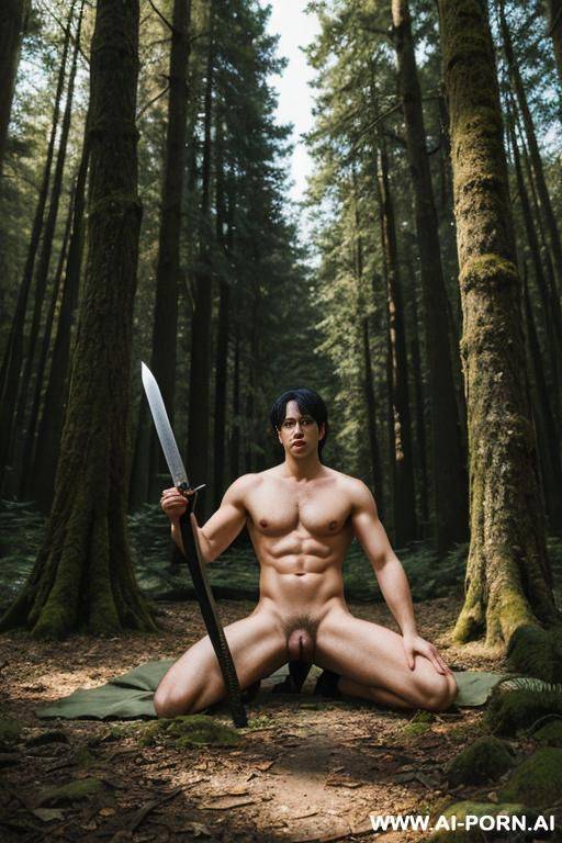 make an adventure male nude in the forest with anime style. he holding a sword. on the ground is his cloth - #main