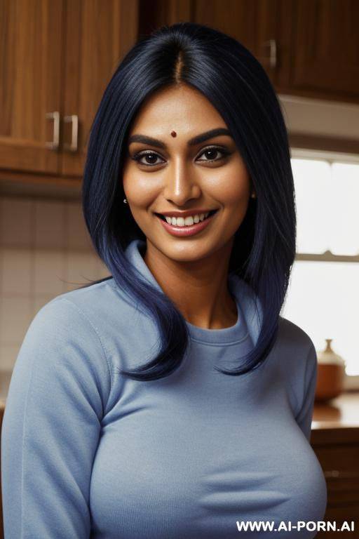 blue crew neck sweatshirt, , texan farmhouse kitchen , (supermodel), (lean) (photorealistic) (tanned indian ), (ultra detailed photo), (hyper realistic photo), (busty), - #main