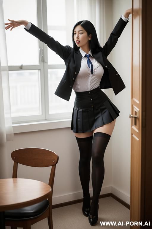 uniform, bent over. looking back tongue out, close up a, torn leggings, with her skirt up from one side showing (pov back side with her fave turned around), her bending over the table with tongue out monaing, getting tucked, cowwoman - #main