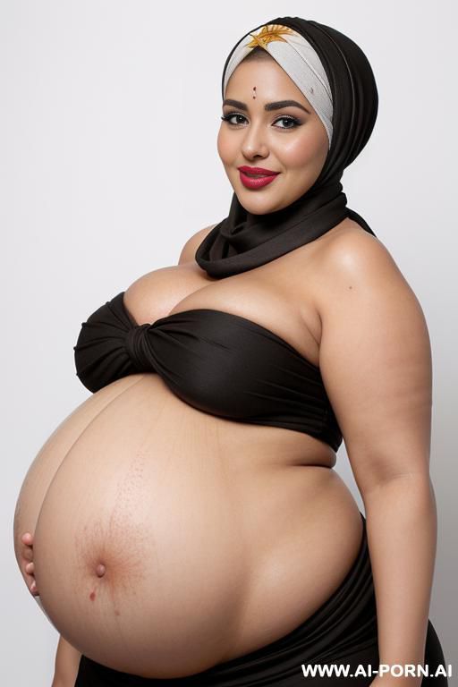 busty horny bimbo, gigantic boobs, pakistani woman, very wide hips, black eyes, pin up look, big lips, big brown nipples and areolas, in photo studio, white background, (((arabic head scarf))), full body shot - #main
