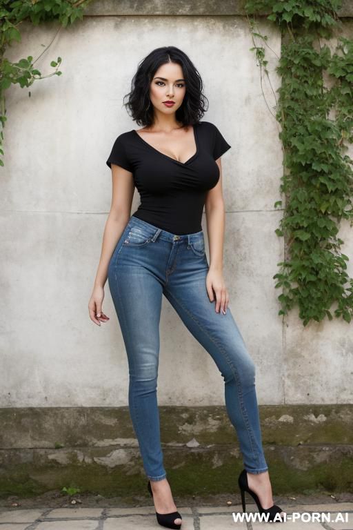 pretty, brazilian, caucasian, 30, short wavy hair, black hair, natural boobs, slight smile, makeup, eye shw, standing, spreading legs, v-neck t-shirt, jeans, blurred background, walled garden background. - #main