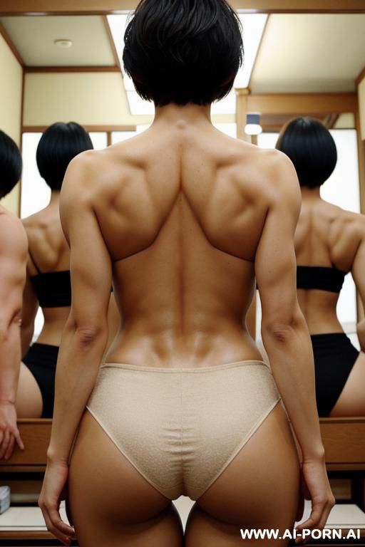 a japanese short haired woman showing back of the head is surrounded by muscle tall women - #main