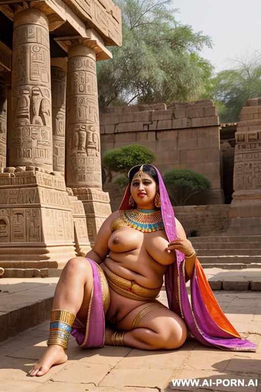 ancient egyptian fifty years old chubby full naked female temple dancer with shaved vagina laying in a colourful indian garden - #main