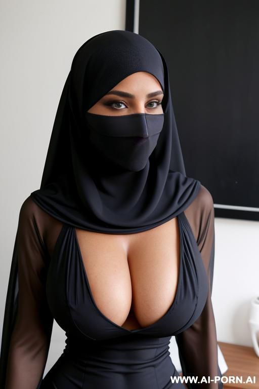 niqab, burqa, gigantic boobs, earrings, neckless, big boobs in tight dress, squeeze boobs, huge cleavage, - #main