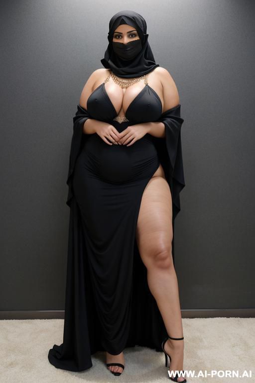 niqab, burqa, gigantic boobs, earrings, neckless, big boobs in tight dresswide hips, big ass, round ass, thick thighs, full body view, narrow waist, high heels, hip chain, - #main