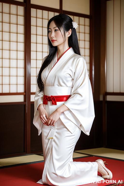 white kimono and red dress , kneeling in temple - #main