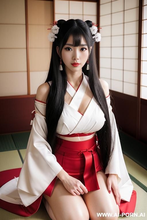 white kimono and red bottom, very long hair, long hair, hair ornament, large breasts, thighs, japanese clothes, japanese clothes, bare shoulders, detached sleeves, wide sleeves, earrings, traditional , kneeling in temple - #main