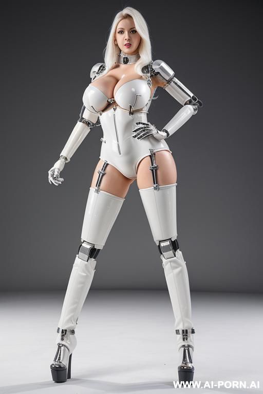 realistic quality hd quattro k, total artificial robotic body beautiful cyborg robot woman ( plastic big boobs total latex white) completely made of metal skin with long legs with boots. - #main