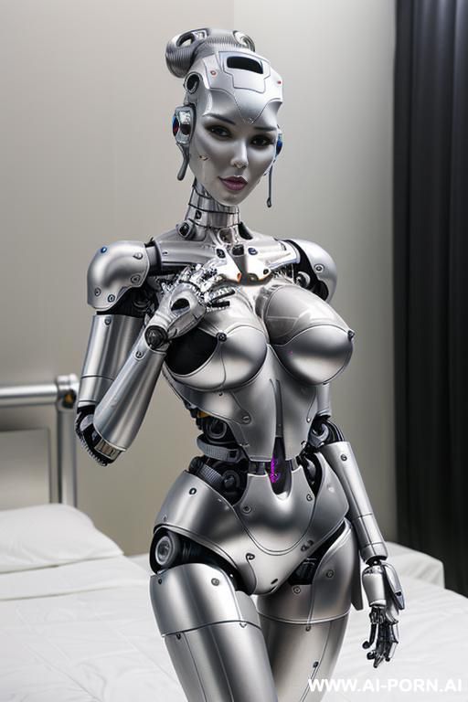 ((realistic very detailed total robotic meccanics body, beautiful cyborg robot woman)),(( to quattro k quality)) ( plastic-metallic meccanics big boobs total skin latex white) natural face, completely made of metal skin with long legs with boots. - #main
