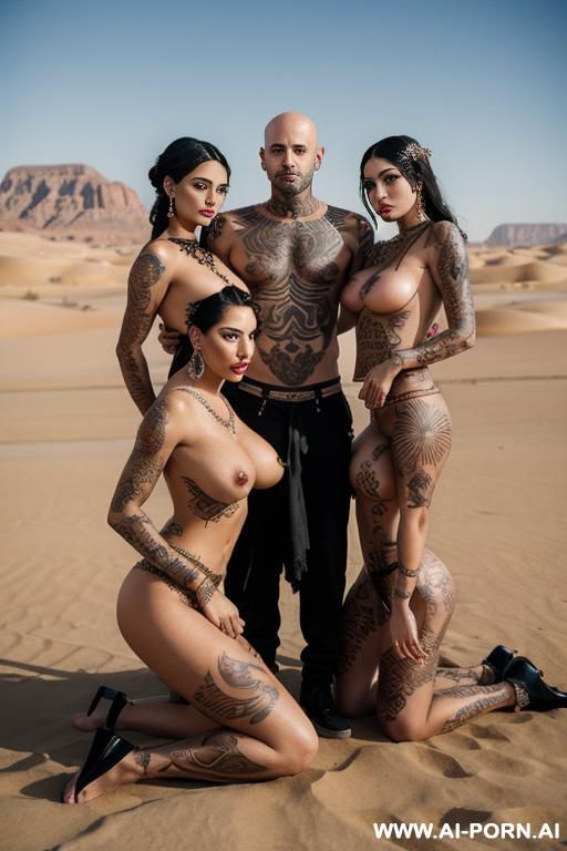 three arabic goddesses totally naked kneeling before their man, bald latino man, keep man in picture, holy temple - #main