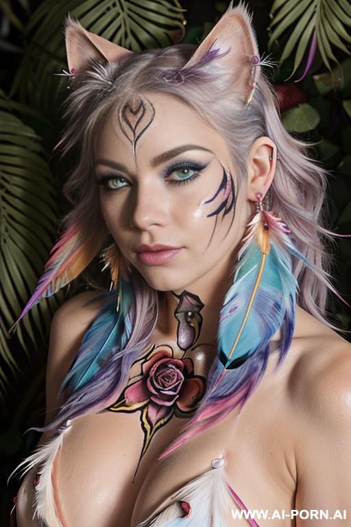 face, sexy, beautiful, ((face painting)), ((body painting)), ((bikini as seashell)), ((roses)), ((eyes shw)), ((angel wings)), ((rainbow hair)), ((glitter)), ((long bu hair)), ((heterochromia eyes)), ((wind)), - #main