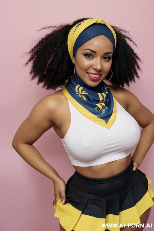 busty horny bimbo, (((very wide hips))), gigantic boobs, ethiopian woman, curly black hair, black eyes, pin up look, big lips, big brown nipples and areolas, in photo studio, white background, ((blue and yellow outfit))), (((arabic head scarf))) - #main