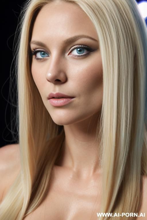 blonde female scandinavian singer, long straight hair, blue eyes, insive light blue eyeshw, ((chubby arms)), strong arms, natural boobs, high cheeks, hairy pussy, makeup with blue eyeshw and rouge on the cheeks, singing on stage, arms up, topless - #main