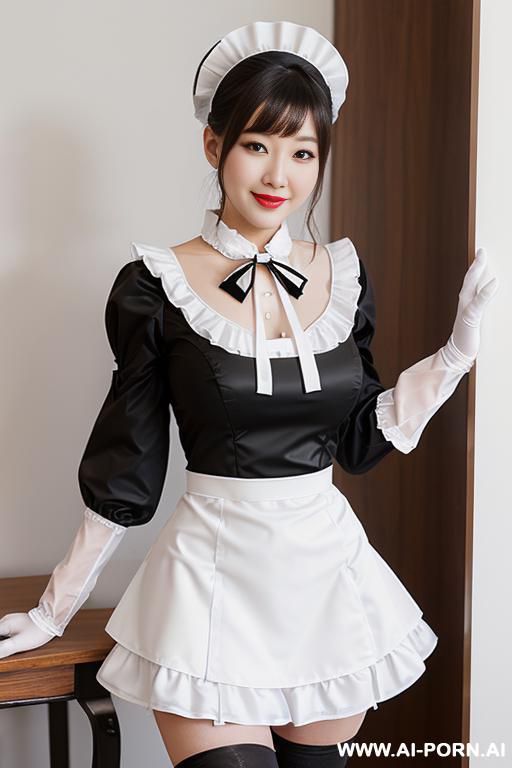 maid cafe, maid uniform, white frilled headpiece, white apron with black bow, black long-sleeve dress, detachable white collar , black thigh high stockings (nylon) - #main