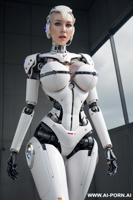 ((realistic four k quality to very detailed robotic body, beautiful cyborg robot male)),(( to four k quality)) ( artificial big boobs total covered only latex skin white) natural face, completely made of latex white skin with long legs with boots. - #main