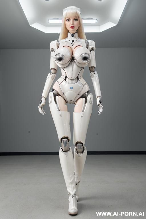 ((realistic very beautiful four k quality to very detailed robotic body, beautiful doll cyborg robot male)),(( artificial big boobs total covered only latex skin white)) natural face, completely made of latex white skin with long legs with boots hooves. - #main