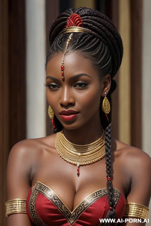 african goddess, dark red skin, perky tits, long braids, traditional elry necklaces dresse bracelets rings earrings - #main