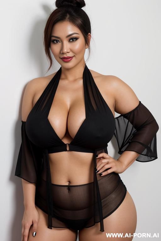 braless in black chiffon blouse, white background, direct eye contact with viewer, big breast, big boobs, big tits, big ass, big thigh, thick body, standing pose, full body photo, hair play, hair touch, show legs, using high heels - #main