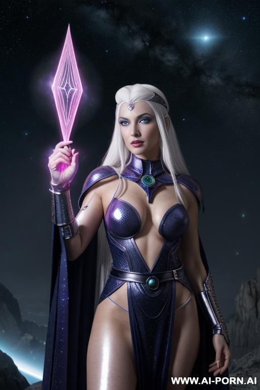 space wizard, looking at viewer, (eye contact), front view, finely detail, majestic view, ultra detailed face, highly detailed skin, highly detailed hands, tall athletic body, ((white colored shiny - #main