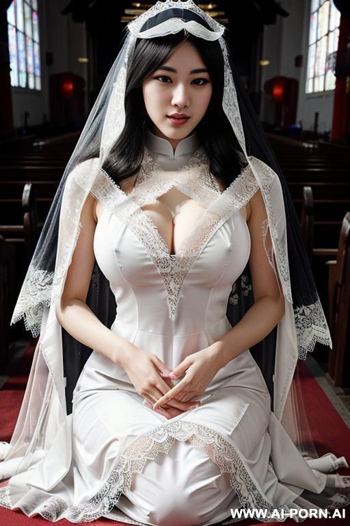 pet collar, monstrous, (((lace veil ))), white clothes, many nun praying for goodness, kneeling, praying - #main