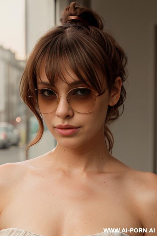 move her hair off the shoulders and tied up behind her head like a ponytail. keep the hair the same but longer ponytail.. turn her body and head facing right. add sunglasses all circle frames with darker lenses and rose gold frame - #main