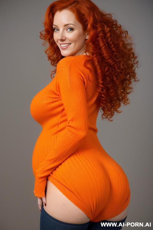 1woman, standing, pregnant, redhead, excessive long curly hair, full hairy pubic, hairy armpits. (wearing orange pullover). (bending over. arms over the head). ((showing ass hole)). smiling. (((full shot))) - #main