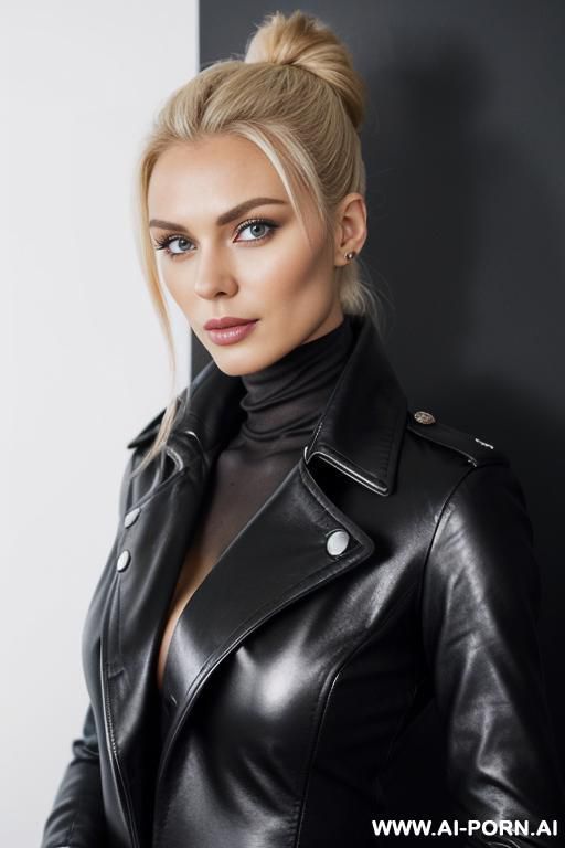 supermodel, black leather blouse, black leather coat, red leather pants, cleavage, white background, direct eye contact with viewer. - #main