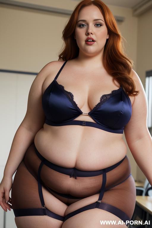 half body photo shot close up, about at classroom. a ((british obese)) fat bbw redhead, thick with love handless and medium tummy. she is wearing a presumptuous and sensual ((silk and tapes)) - #main