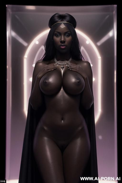 ((topless)), (((symmetric front view))), (seductive eye contact), looking at viewer, (lustful face), (full voluminous hair), (necklaces), , (((perfect round breasts))), noir skin, (((dark black skin))), - #main