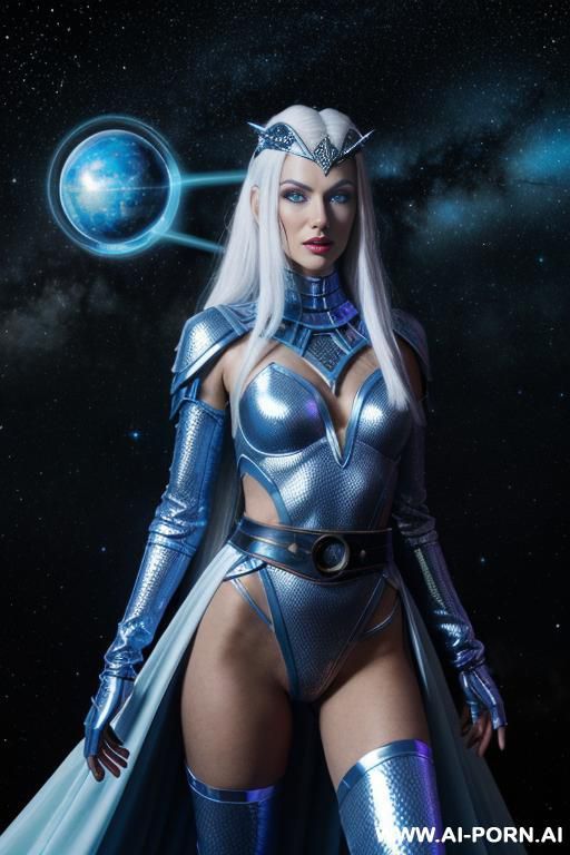 space wizard, looking at viewer, (eye contact), front view, finely detail, majestic view, ultra detailed face, highly detailed skin, highly detailed hands, tall athletic body, ((white colored shiny - #main