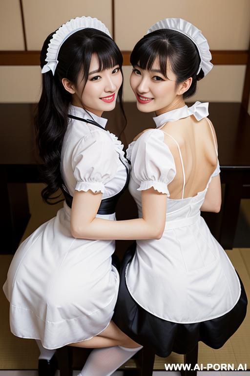 maid cafe, maid uniform, white frilled headpiece, white apron with black bow, black short-sleeve dress, 1woman, multiple s, many womans, 1, clothed female, sitting on lap, facing another, ass, - #main