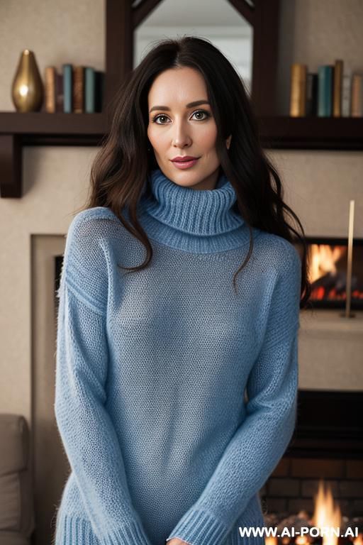 mountain resort, wearing a long soft blue turtleneck wool sweater, in front a fireplace, long hair, naked under her sweater, - #main