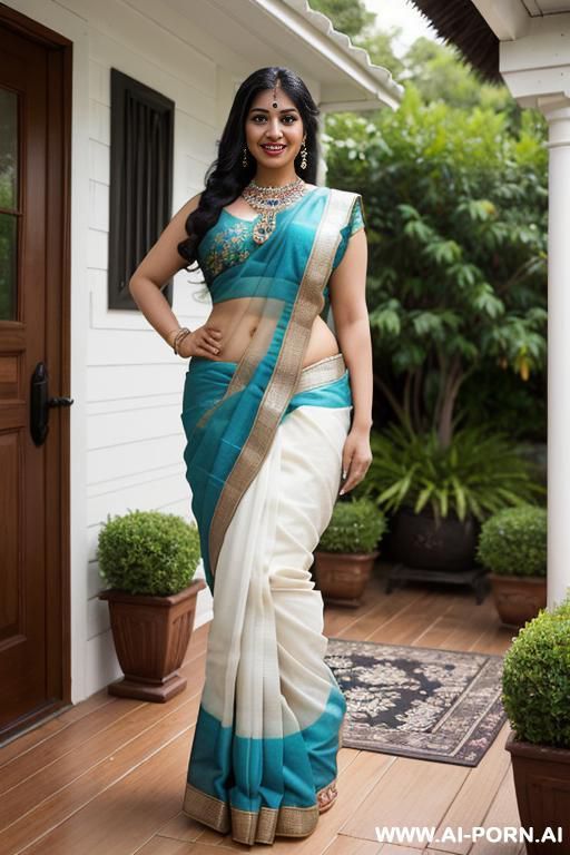 saree, bordered blouse, saree covering side blouse, soft arms, nice soft back, ((narrow waist)), standings tits, ((wide hips)), nice legs, big ass, round ass, full body view, high heels, necklace, standing, ultra realistic , south indian tan - #main