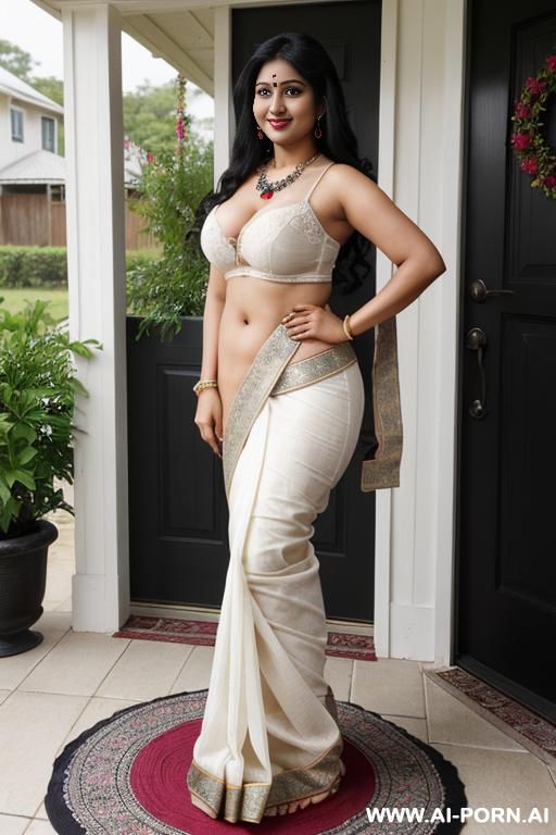 saree, bordered blouse, saree covering side blouse, soft arms, nice soft back, ((narrow waist)), standings tits, ((wide hips)), nice legs, big ass, round ass, full body view, high heels, necklace, standing - #main