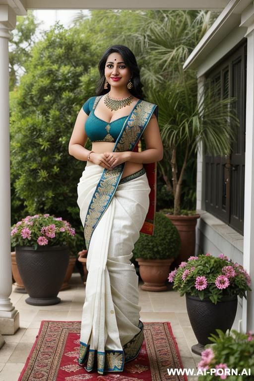 saree, bordered blouse, saree covering side blouse, soft arms, nice soft back, ((narrow waist)), standings tits, ((wide hips)), nice legs, big ass, round ass, full body view, high heels, necklace, standing, ultra realistic , middle eastern skin - #main
