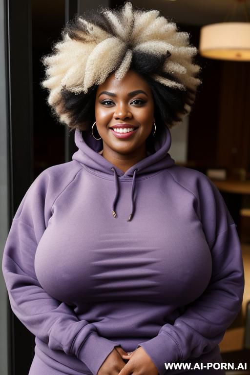make a chubby african woman, wide and big black belly, wearing a soft purple sweatshirt. big afro hairstyle, smiling to the camera and by arms crossed, extremely giant massive fat boobs - #main