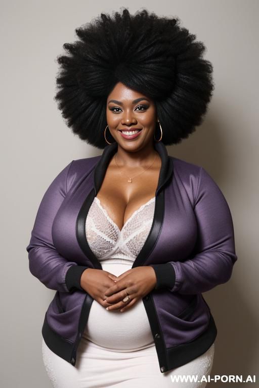 make a chubby african woman, wide and big black belly, wearing a purple bottoned and soft jacket. big afro hairstyle, smiling to the camera and by arms crossed, extremely giant massive fat - #main