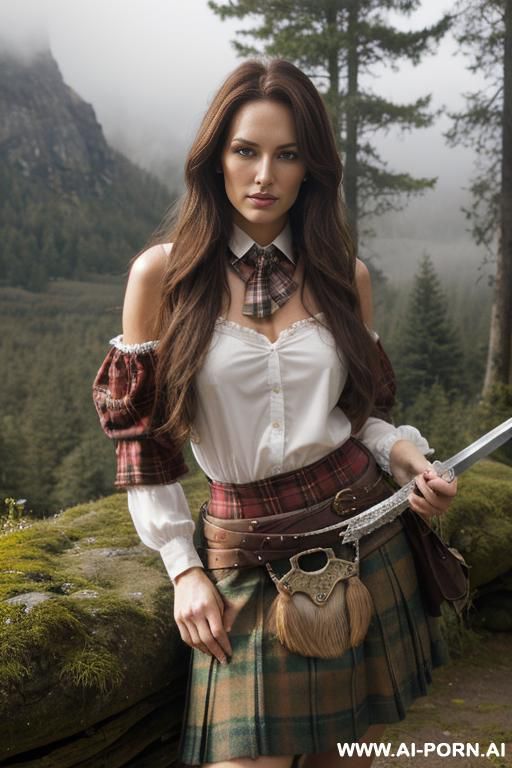 schottische, looking at viewer, (eye contact), finely detail, ultra detailed face, highly detailed skin, highly detailed hands, long hair, brave face, wears a plaid on her shoulder, wears plaid - #main