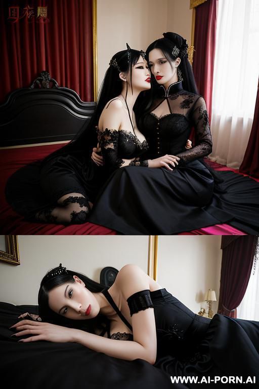 room, goth woman, goth clothes, full clothes, long black dress, lying on bed, hugging each other, many housemaid in background - #main