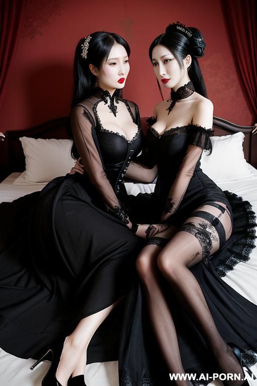 tea party, goth woman, goth clothes, full clothes, long black dress, lying on bed, hugging each other, many housemaid in background - #main