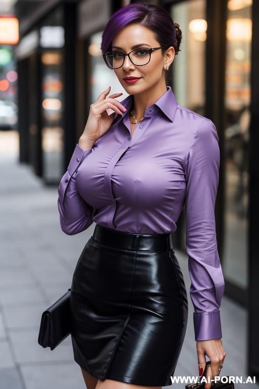 fully dressed busty ukrainian milf is wearing skirt and full long-sleeve buttoned shirt (violet color), detailed face with glasses, seductive smirk, walking street - #main