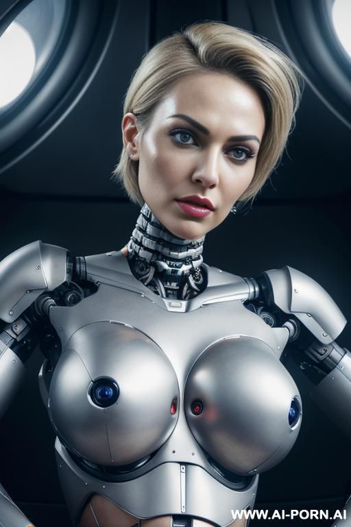 damaged robot, front view, close-up, sitting in armchair in spaceship, looking at viewer, beautiful angry human face with tanned silicone skin, short messy blonde hair, big lips, wide jaw, heavy - #main