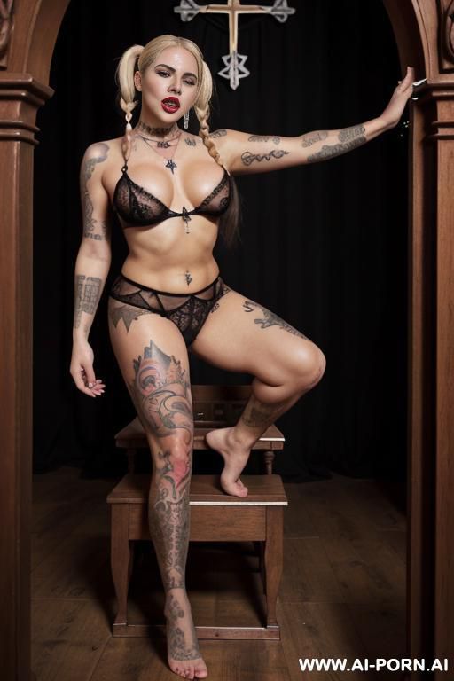 very mature milf devil witch latina morbidly obese with blonde hair tails barefoot in church standing on floor in front of crucifix pentagram using witchcraft posing sexualy with arms up wearing - #main