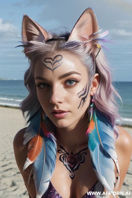 face, sexy, beautiful, ((face painting)), ((body painting)), ((bikini as seashell)), ((roses)), ((eyes shw)), ((angel wings)), ((rainbow hair)), ((glitter)), ((long bu hair)), ((heterochromia eyes)), ((wind)), - #main
